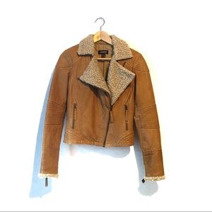 Danier tan leather moto jacket with sherpa collar